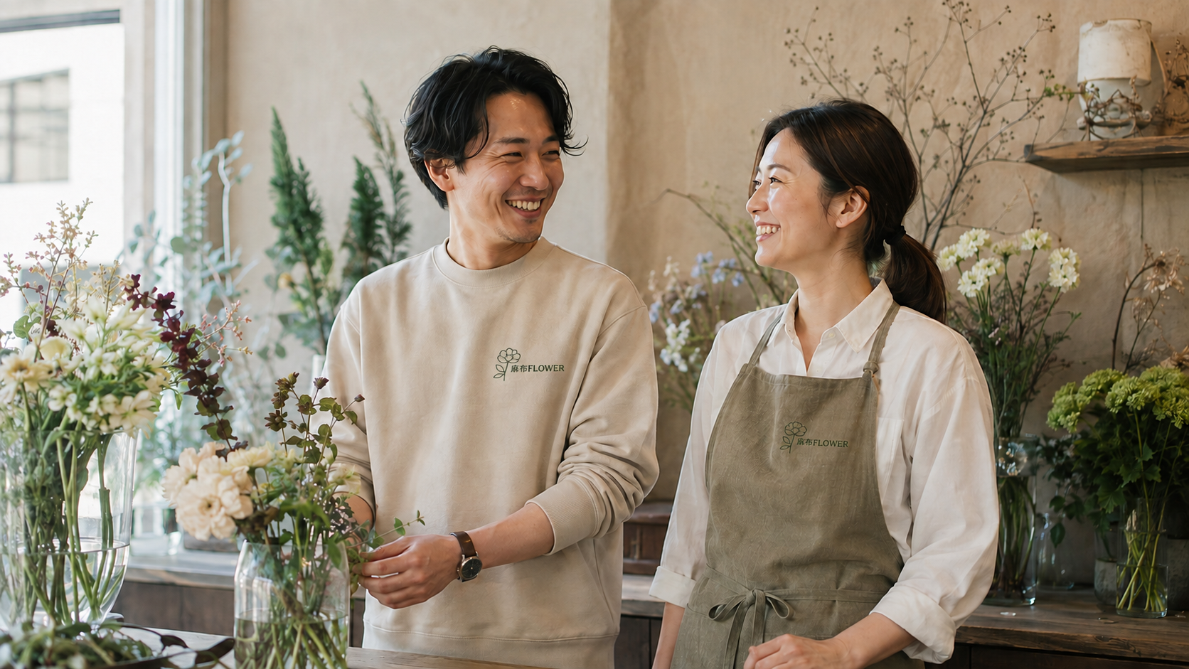 麻布FLOWER のロゴを刺繍したスウェットとエプロンを着た、花屋の二人
